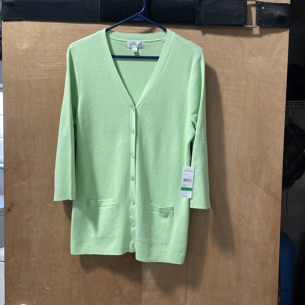 Studio Works Women's Green Cardigan PL Button Up NWT 3/4 Sleeve V Neck‎ Sweater